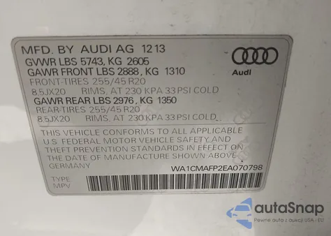 2014 Audi Q5 3.0 Tdi Premium Plus из США, поврежденный, VIN WA1CMAFP2EA070798